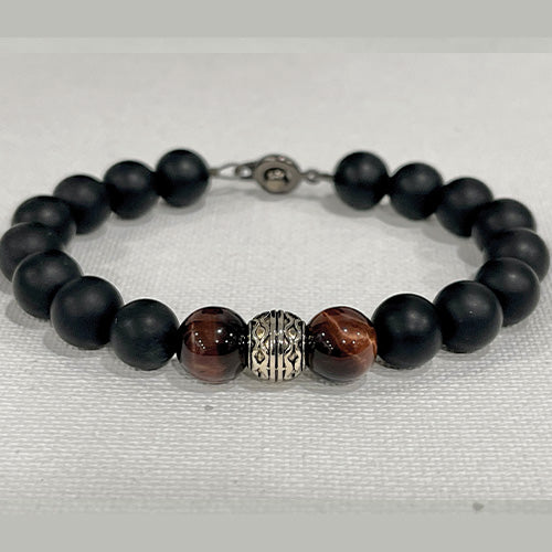 Matte Black Onyx & Burgundy Tiger Eye with Stainless Steel Bead