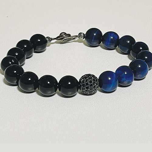 Blue Tiger Eye & Black Onyx with black pave bead