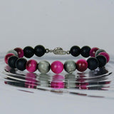 Matte Black Onyx Fuschia Tiger Eye and Hawks Eye Bracelet