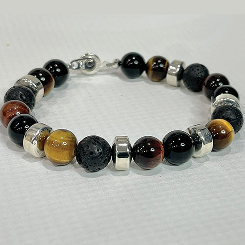 Multi-Color Tiger Eye and Silver Plated Hematite Bracelet