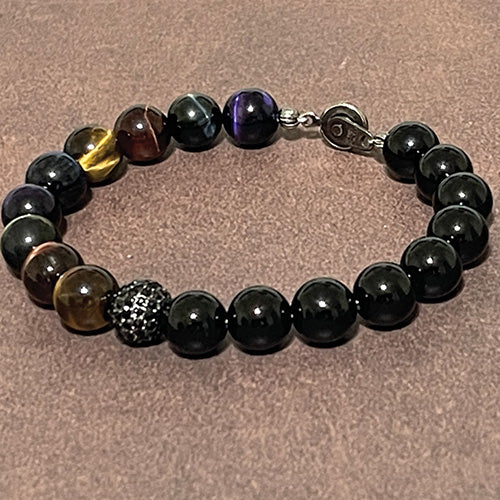 Multi-Color Tiger Eye & Black Onyx With Pave Bead