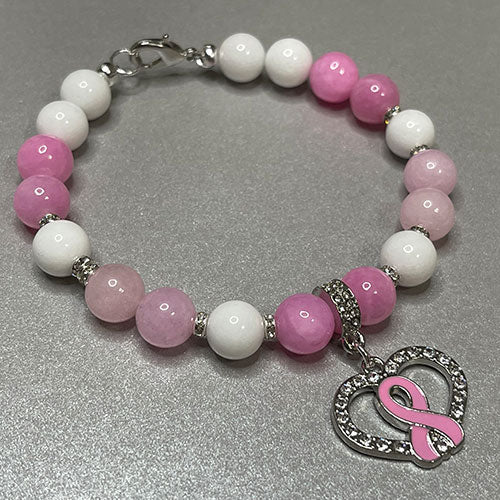 Pink & White Jade Breast Cancer Heart Charm Bracelet