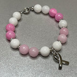 Pink & White Jade Silver Breast Cancer Ribbon Charm Bracelet