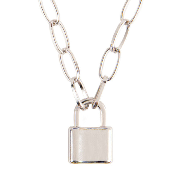 Silver Open Link Chain With Lock Pendant